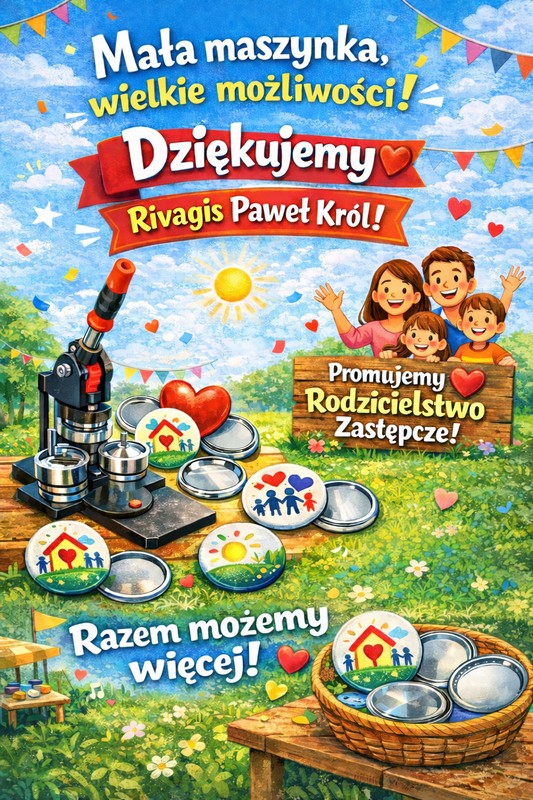 Plakat z podziękowaniem dla Firmy Rivagis Paweł Król podarowała nam maszynkę do tworzenia przypinek, magnesów i lusterek — a razem z nią mnóstwo nowych możliwości.